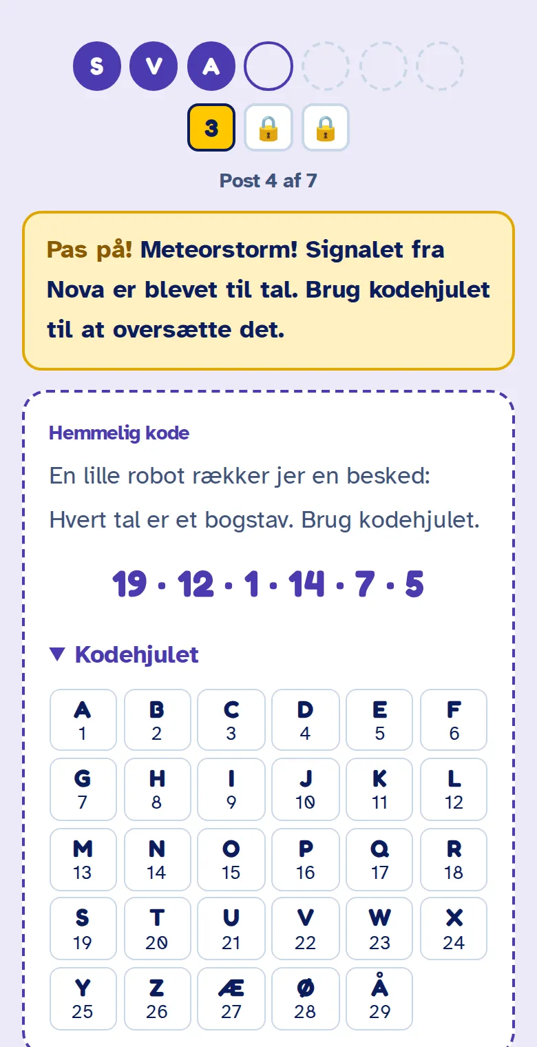 Telefonen viser en gåde og et felt til bogstavet